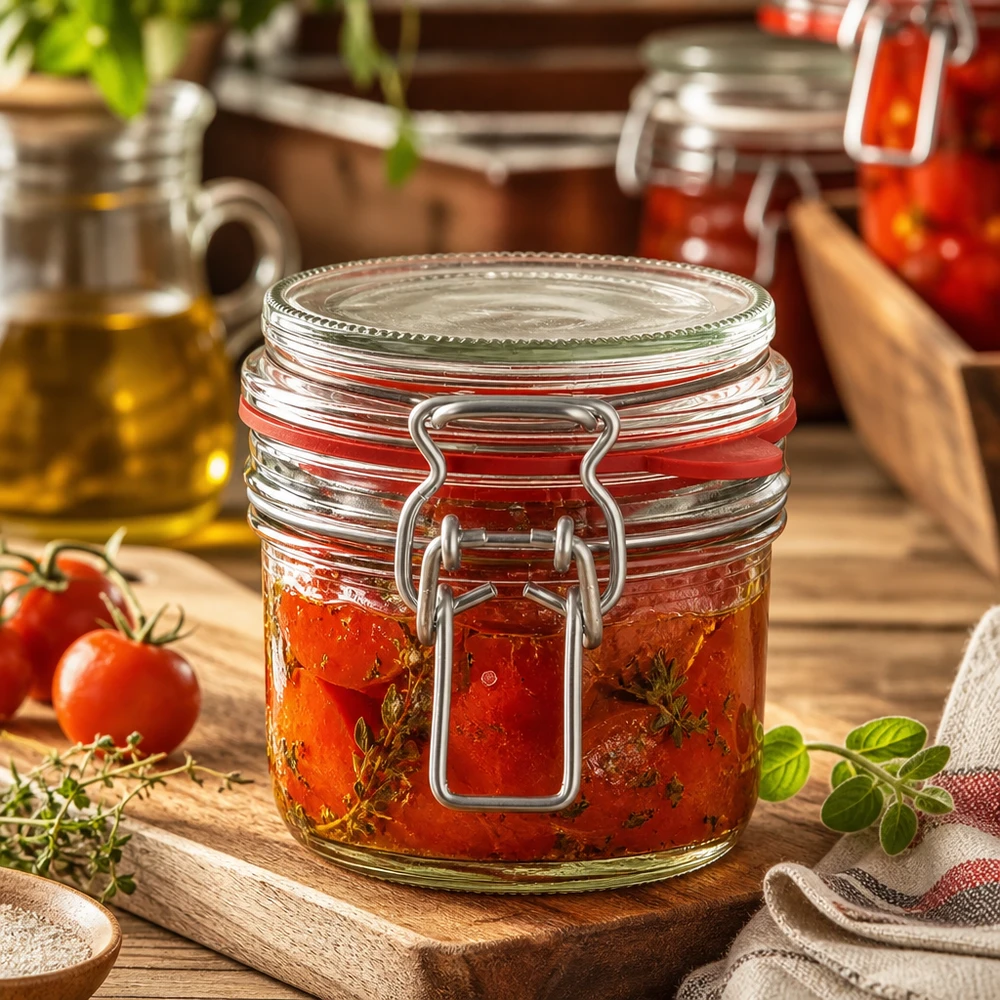 Tarro de cristal de 255 ml, tipo G, con cierre de clip UN... Einmachglas 255ml gefüllt mit eingelegten Tomaten und Kräutern, rustikale Küchendeko auf Holzbrett mit frischen Zutaten