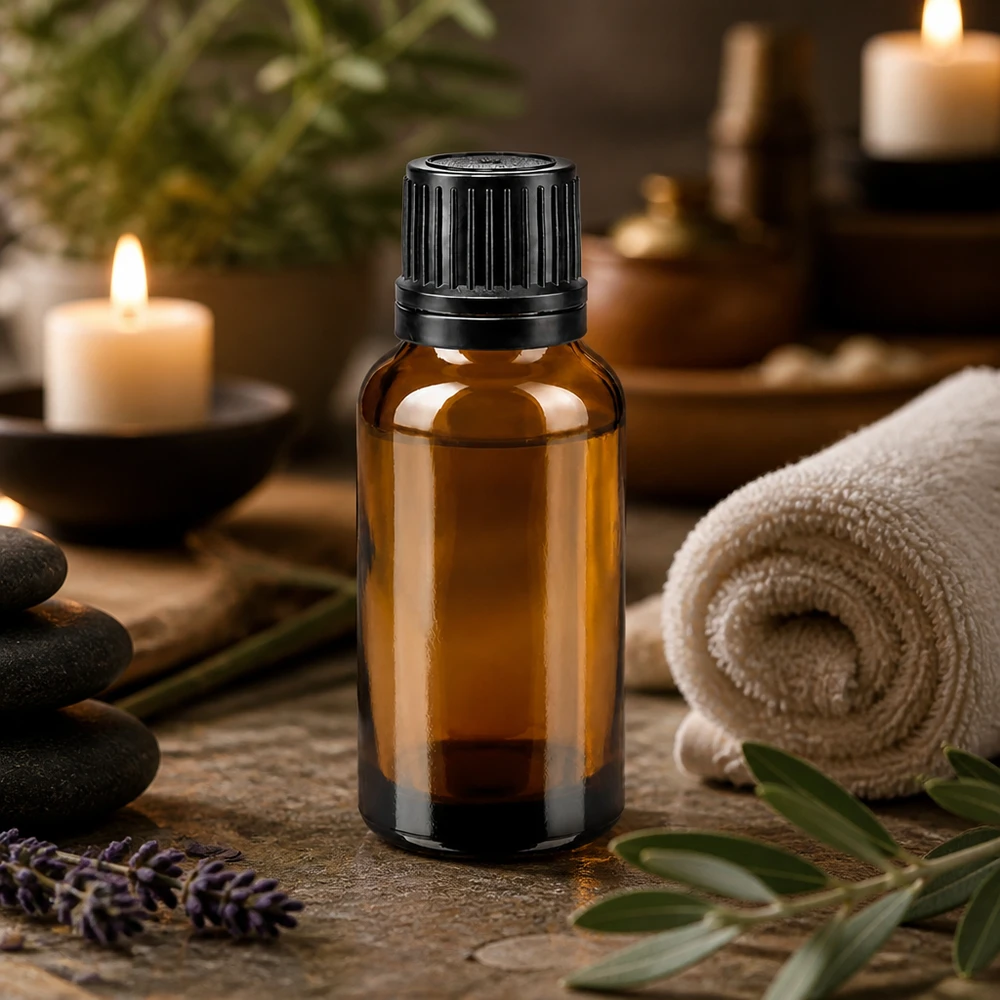 Frasco de cristal de 20 ml de color ámbar con tapón negro estriado para crear un ambiente de spa con aromaterapia