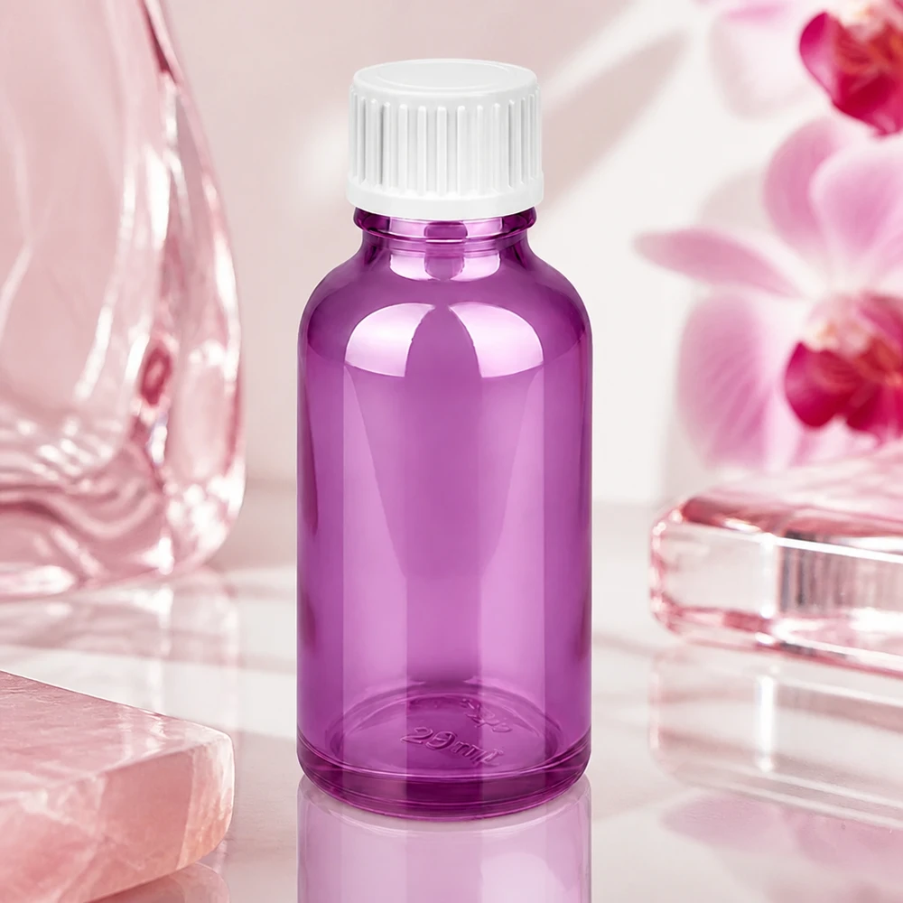 Pequeño frasco de cristal de 30 ml de color morado brillante perfecto para perfumes y aceites esenciales
