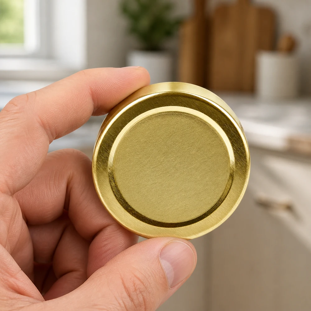 Mano sosteniendo una tapa roscada BasicSeal dorada de 58 mm (TO58deep) de UNiTWIST