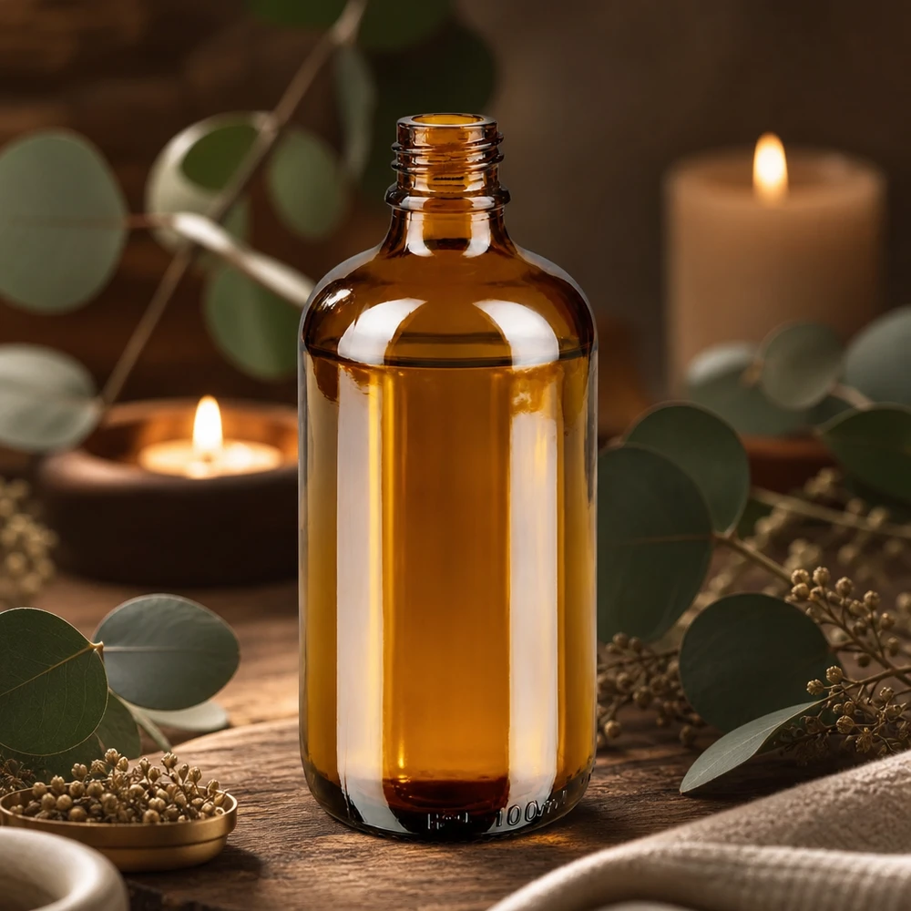 Frasco gotero 100 ml DIN 18 de vidrio ámbar Frasco de farmacia ApoGlas marrón de 100 ml con aceites esenciales, eucalipto y velas dispuestas de forma decorativa