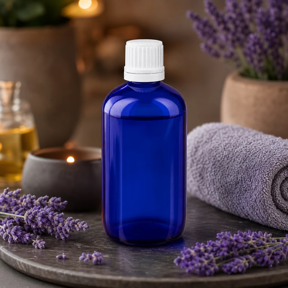 Botella de farmacia azul 100ml tapón cuentagotas 1.2mm blanco inviolable Frasco cuentagotas ApoGlas azul de 100 ml con tapón OV blanco entre ramitas frescas de lavanda