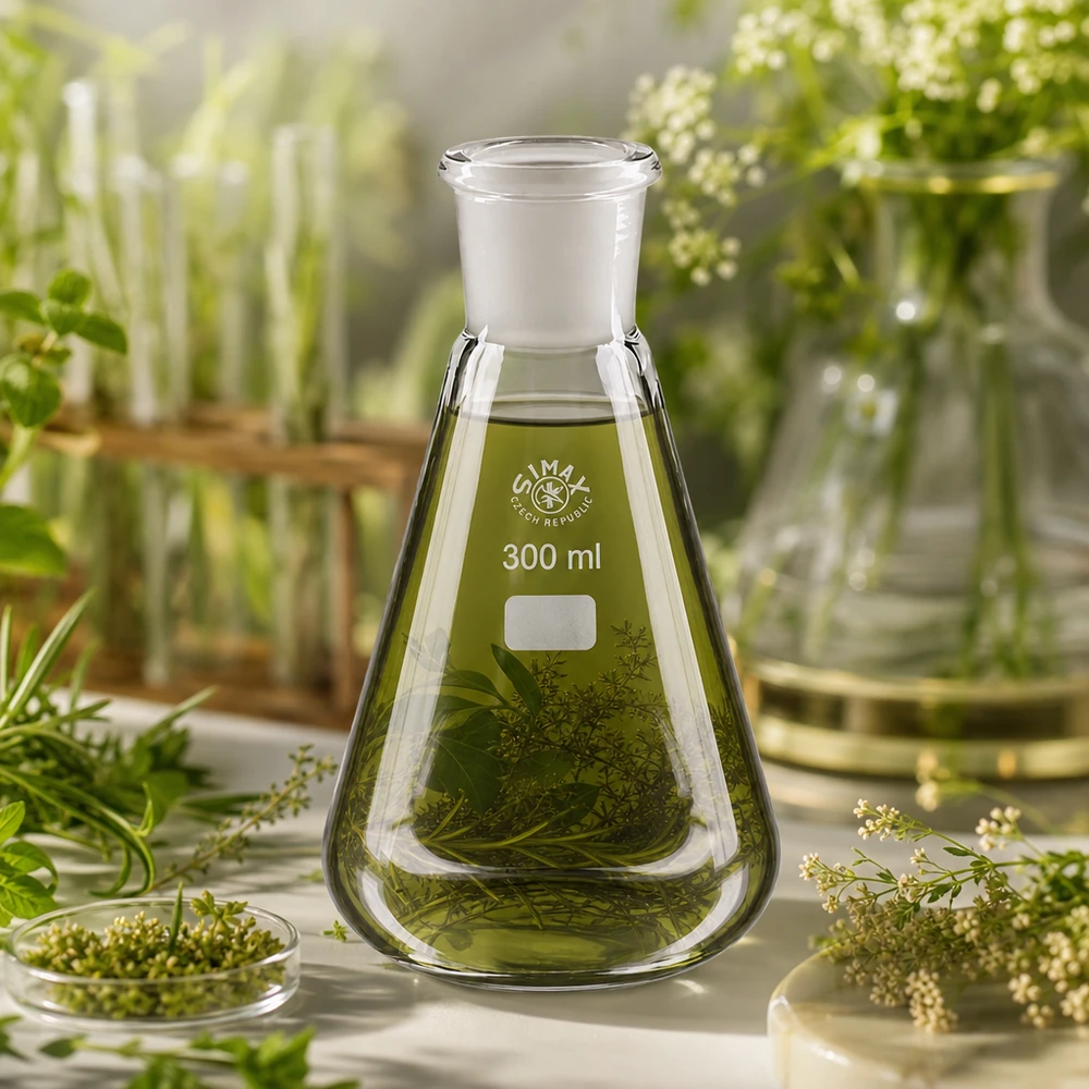 Matraz Erlenmeyer de 300 ml con hierbas verdes y extractos de plantas para experimentos botánicos de laboratorio