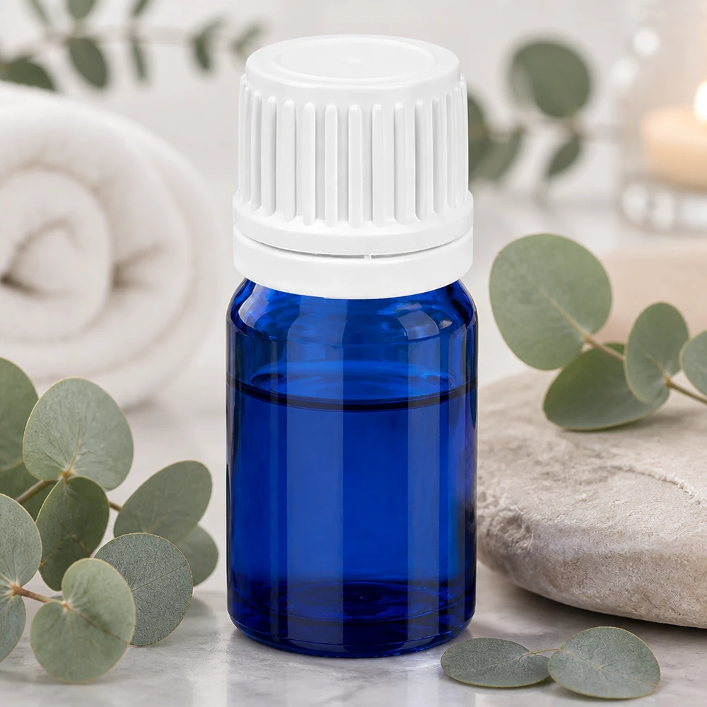 Frasco compacto de 5 ml de vidrio azul con tapón blanco para una dosificación precisa