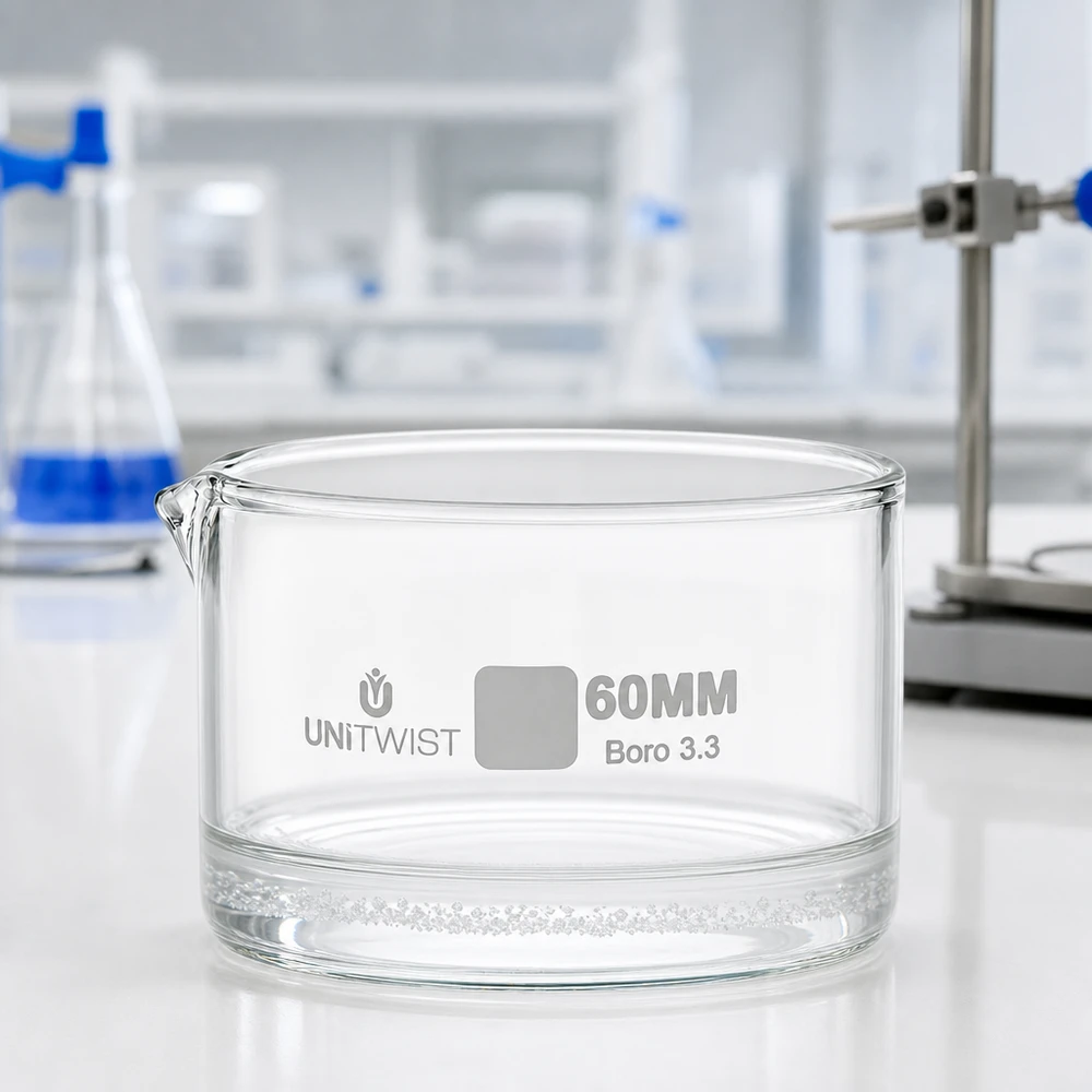 Plato cristalizador ø60mm vidrio borosilicato UNiTWIST Cubeta de cristalización de vidrio borosilicato de 60 mm UNiTWIST Boro 3.3 sobre una superficie de laboratorio blanca