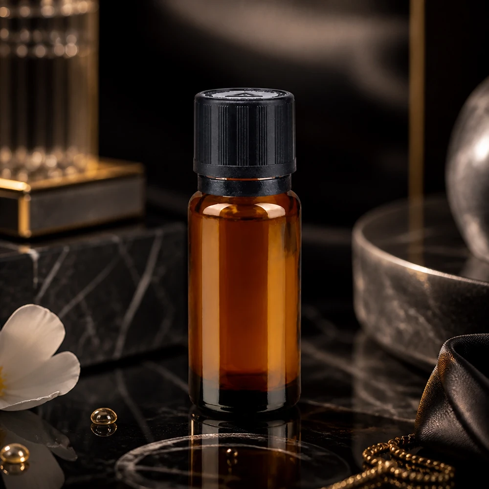 Botella de farmacia marrón 10ml tapón cuentagotas anillo vertedor 1mm negro cierre de seguridad para niños símbolo de advertencia ciego cierre inviolable Elegante frasco cuentagotas de 10 ml de cristal ámbar con tapón de seguridad negro sobre fondo de mármol negro