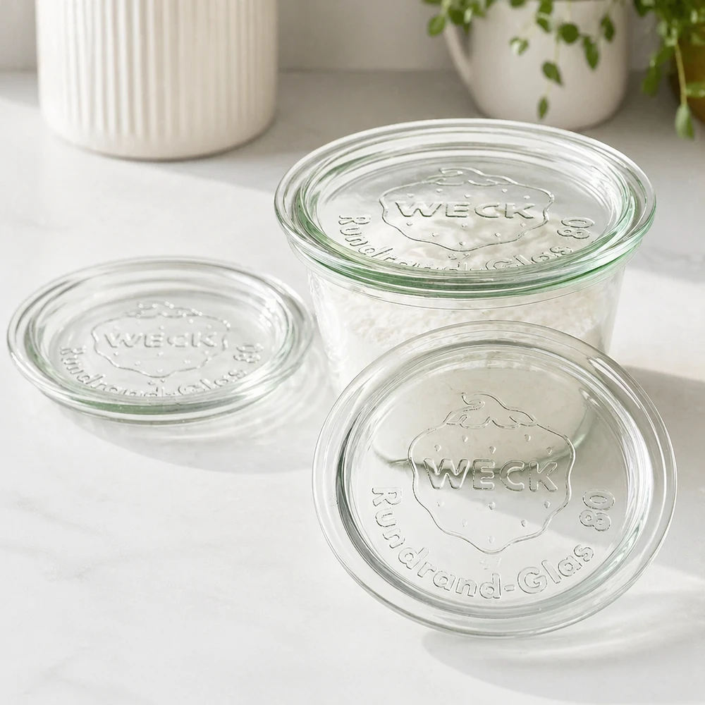 Tapa de cristal WECK RR80 WECK Glasdeckel RR80 Set mit drei Deckeln auf weißer Oberfläche in moderner Küche für stylische Aufbewahrung