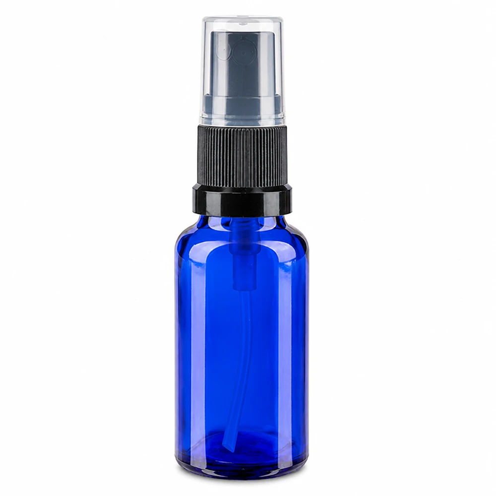 Frasco pulverizador de cristal azul de 20 ml con dosificador negro y tapón protector transparente