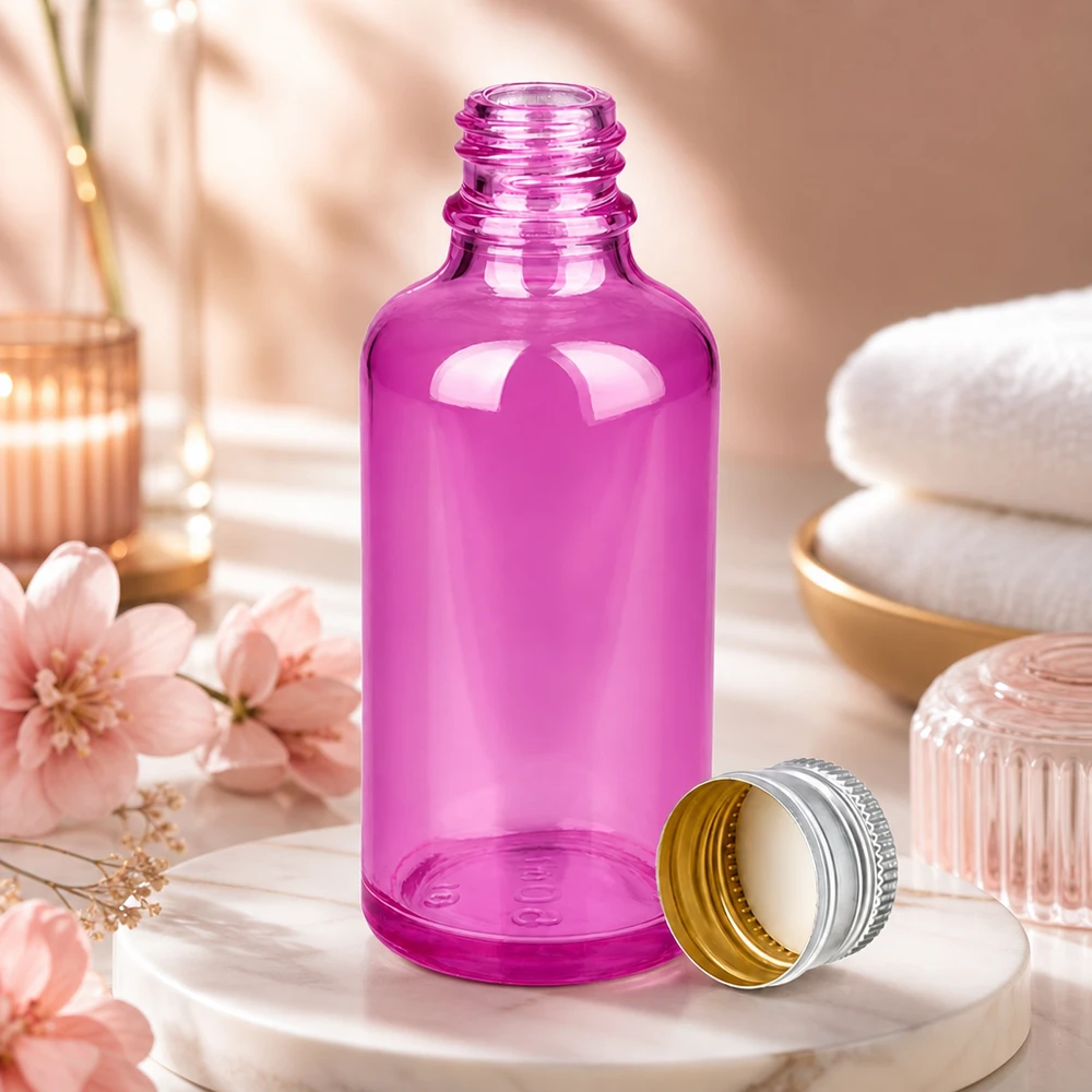 Elegante frasco cuentagotas de 50 ml de vidrio morado con tapón de rosca de aluminio plateado de alta calidad