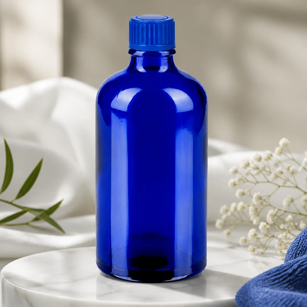 Frasco 100ml 11mm tapón rosca azul estándar BlueLine UT18/100 Elegante botella de vidrio de 100 ml en azul oscuro con diseño ergonómico para uso profesional