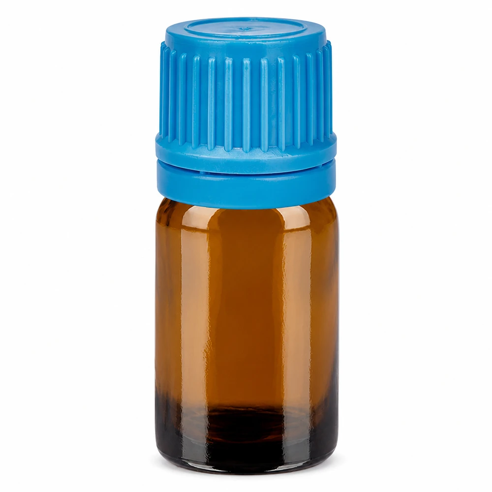 Frasco de vidrio marrón de 5 ml con tapón azul para aceites esenciales y aromaterapia