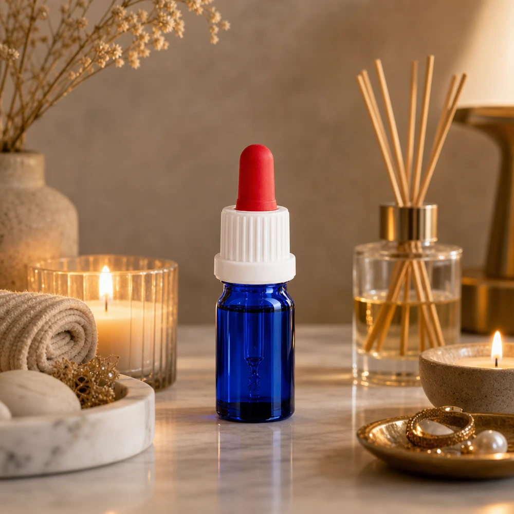 Frasco pipeta profesional azul de 5 ml con protección antidesbordamiento para aplicaciones de laboratorio y producción de cosméticos
