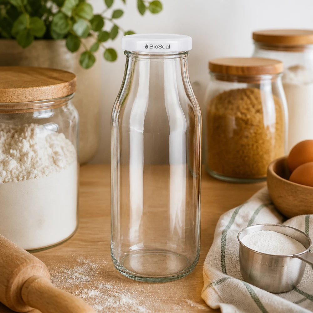 Botella de 263ml con tapa blanca UNiTWIST BioSeal UNiTWIST Bottle263 botella de vidrio vacía en un entorno de cocina con armarios de madera y utensilios de cocina