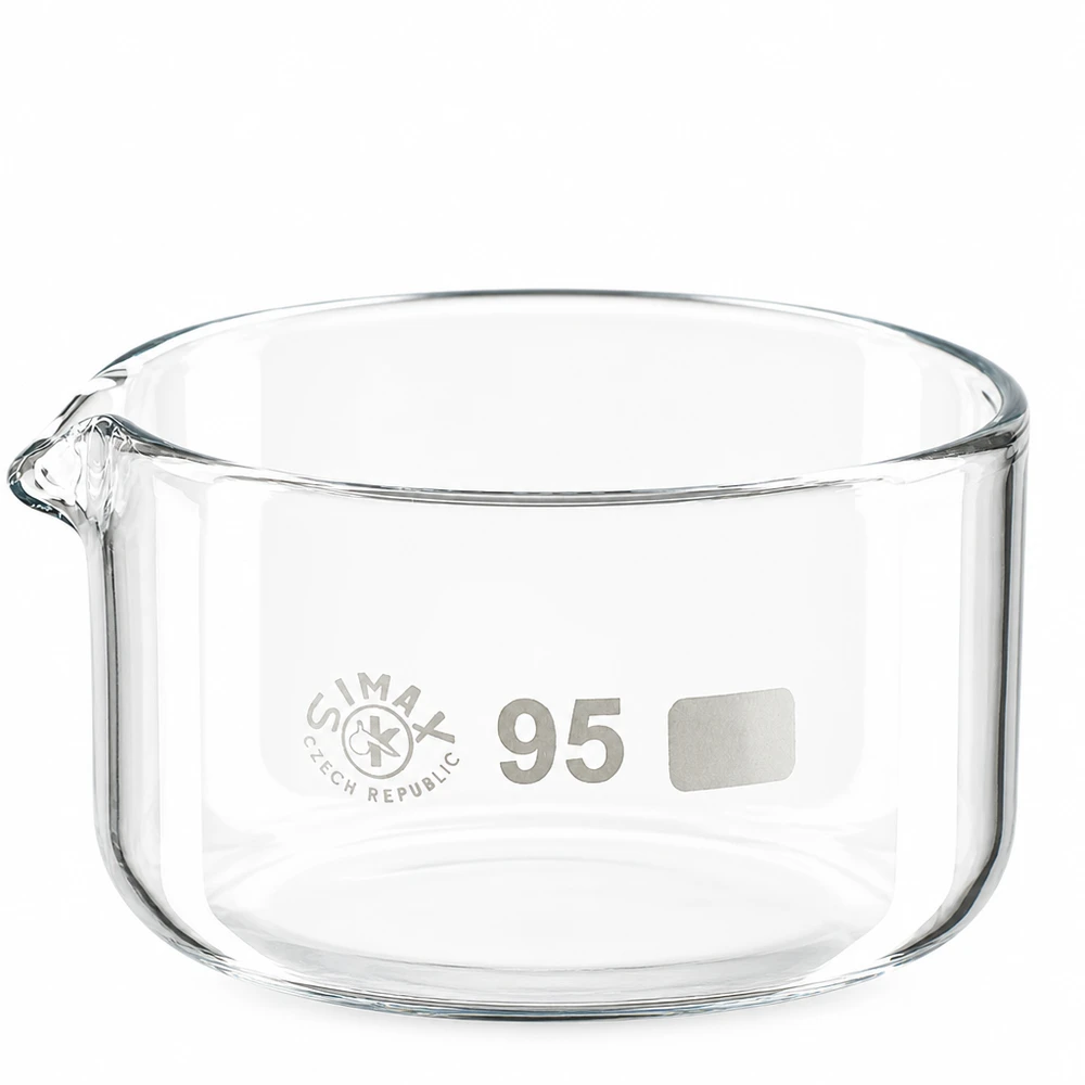 Cristalizador 300ml con pico borosilicato ø95mm Recipiente de cristalización de 300 ml de vidrio borosilicato con pico vertedor, diámetro de 95 mm, de SIMAX