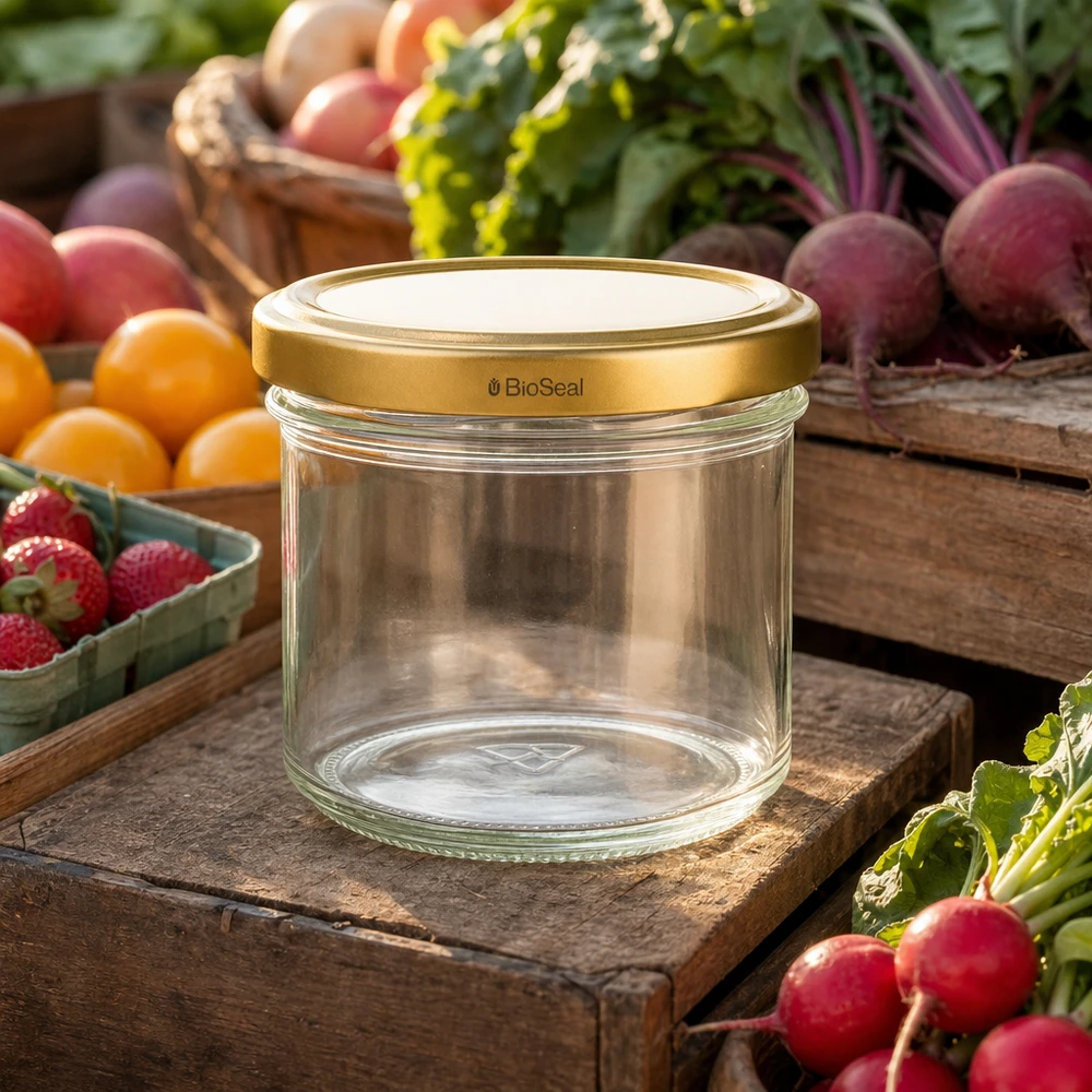 Vasos de 125ml con tapa dorada UNiTWIST BioSeal UNiTWIST 125ml Einmachglas leer mit goldenem TO66 Deckel - umgeben von frischem Gemüse und Obst auf Holzbrett