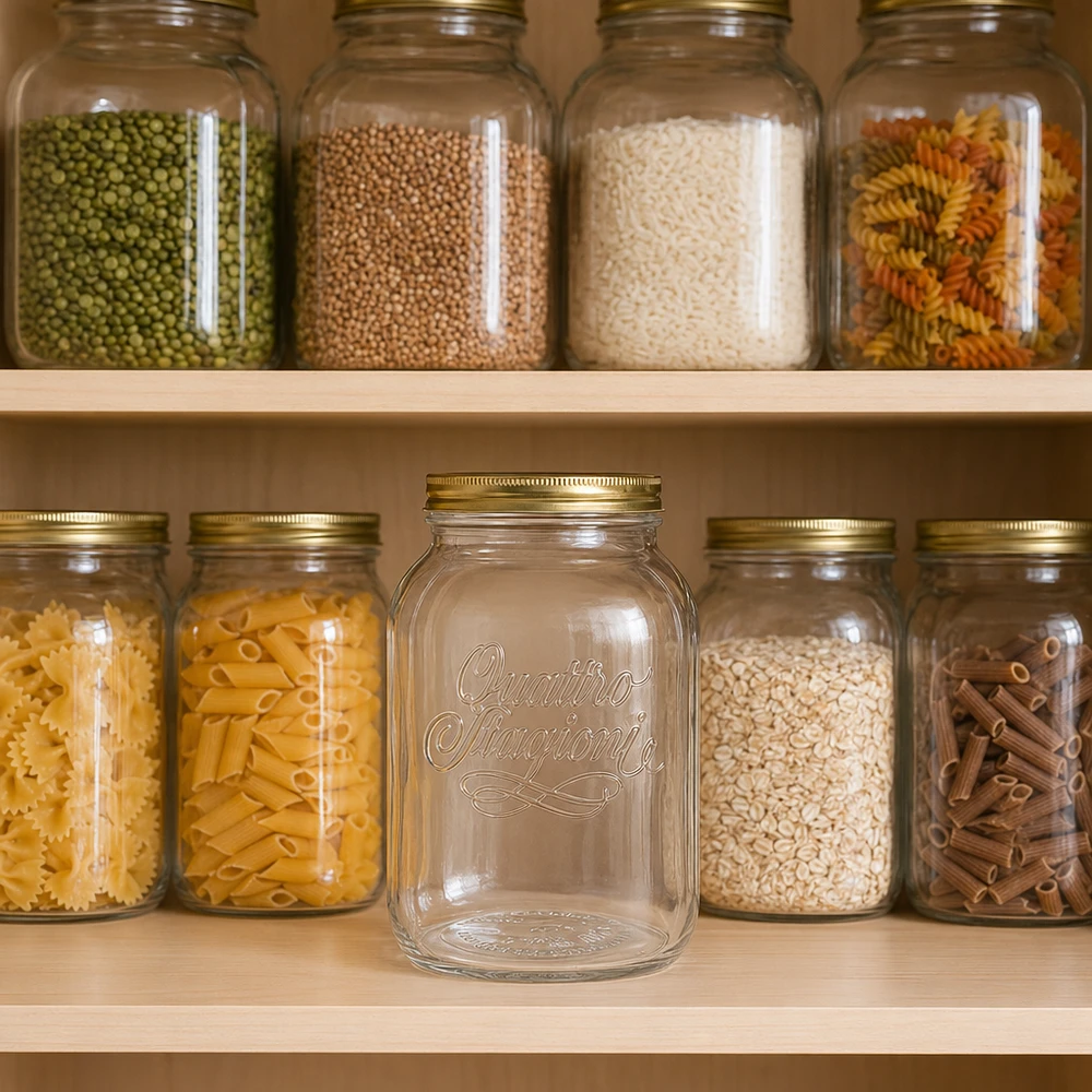 Tarro redondo "Quattro Stagioni" de 3000 ml con tapa El tarro Quattro Stagioni de 3000 ml en armario organizado con pasta arroz y legumbres muestra un práctico espacio de almacenamiento.