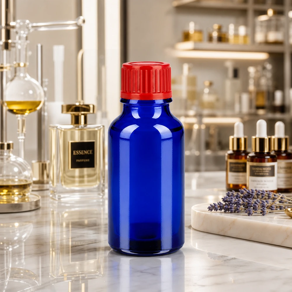 Frasco para medicamentos de 20 ml de vidrio azul cobalto con protección UV y tapón de seguridad rojo