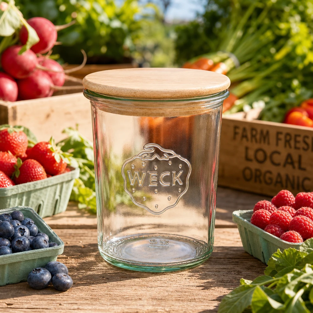 Vasos WECK RR60 de 160 ml con tapa de madera WECK tarro de conserva 160ml RR60 entre bayas y verduras frescas sobre mesa de madera decoración natural de cocina