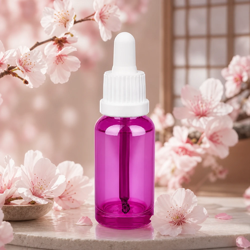 Frasco pipeta de 20 ml de alta calidad fabricado en vidrio con un brillante diseño morado y tapa blanca