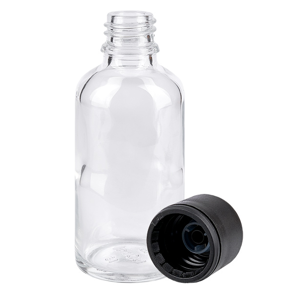 Botella de 50 ml con tapón de rosca de 6 mm negro estándar ClearLine UT18/50 Botella de 50 ml con tapón de rosca de 6 mm negro estándar ClearLine UT18/50