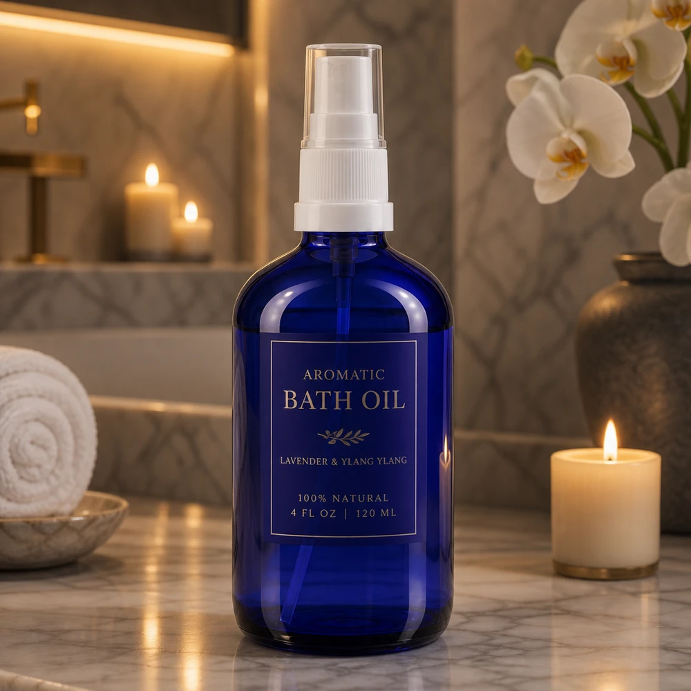 Botella de farmacia azul 100ml tapón de rosca blanco Frasco pulverizador azul de 100 ml, fabricado en vidrio con protección UV y con cabezal dosificador blanco, para aceites esenciales y aromaterapia