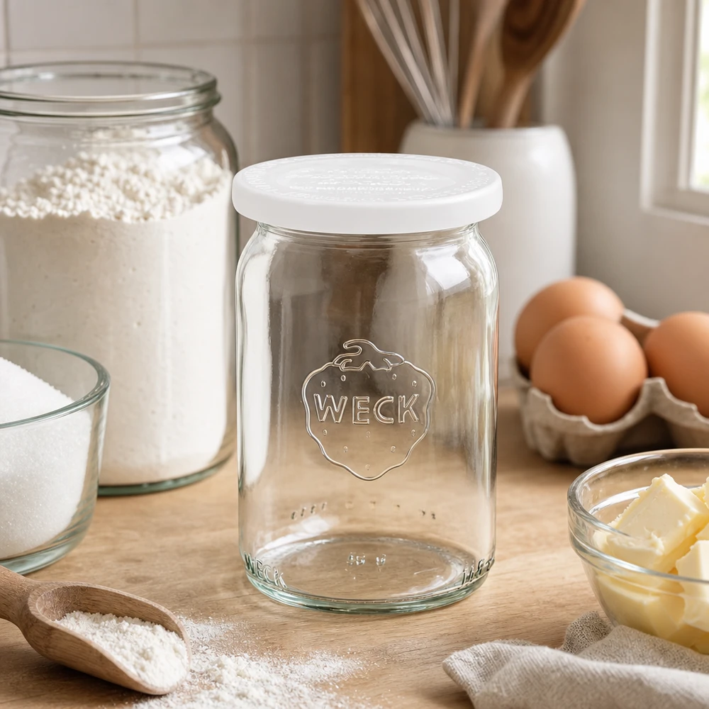 Tarro cilíndrico de 145ml con tapa de frescura WECK RR40 WECK RR40 tarro cilíndrico 145ml con tapa blanca sobre tabla de madera junto a ingredientes de repostería como huevos, harina y mantequilla
