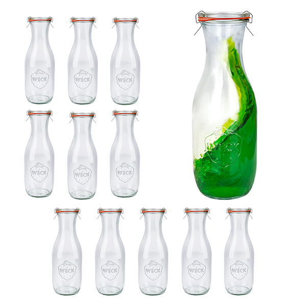 Juego de 12 tarros Weck 1062ml botella de zumo con 12 tapas de cristal. Juego de 12 tarros Weck 1062ml botella de zumo con 12 tapas de cristal.