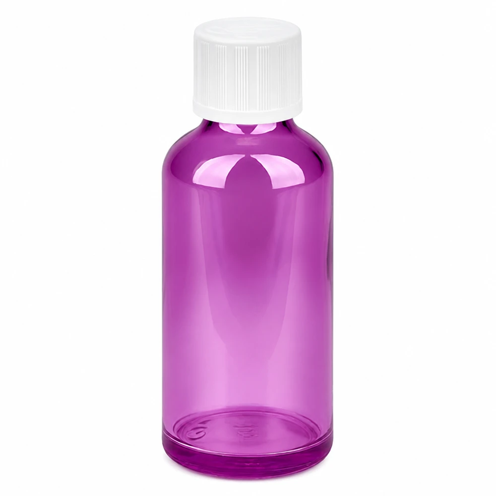 Frasco cuentagotas de 50 ml 1,2 mm blanco estándar a prueba de niños PurpleLine.UT18/50 Frasco cuentagotas de plástico de 50 ml en color morado con tapón de rosca blanco y abertura para cuentagotas de 1,2 mm
