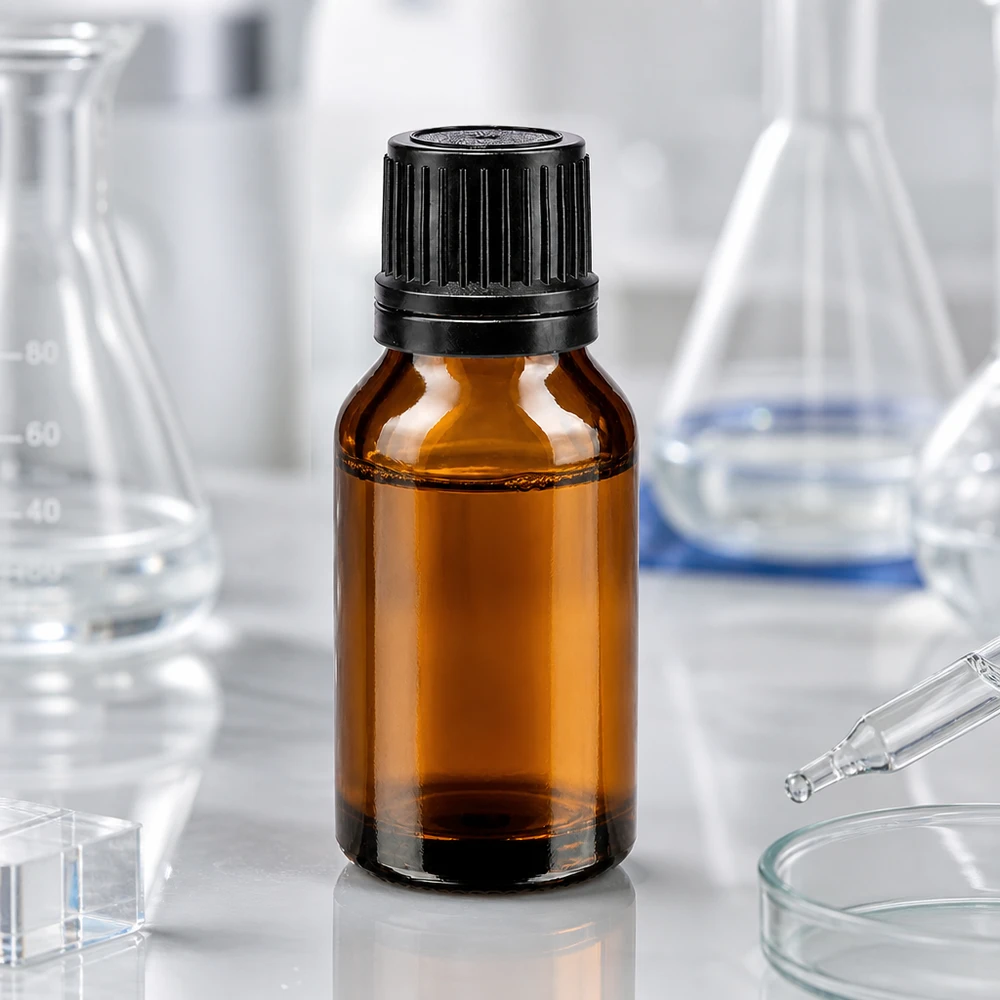 Botella de farmacia marrón 15ml tapón de rosca anillo vertedor negro cierre inviolable Frasco de vidrio ámbar de 15 ml con tapón de rosca negro y anillo vertedor en el entorno de laboratorio