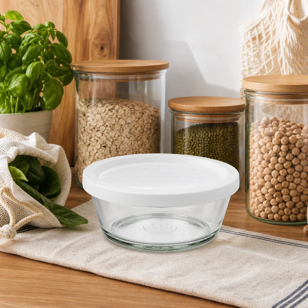 Tarro gourmet de 300ml con frisado. WECK RR120 WECK RR120 Gourmetglas 300ml mit weißem Deckel in natürlicher Küchenumgebung mit Kräutern und Vorratsgläsern