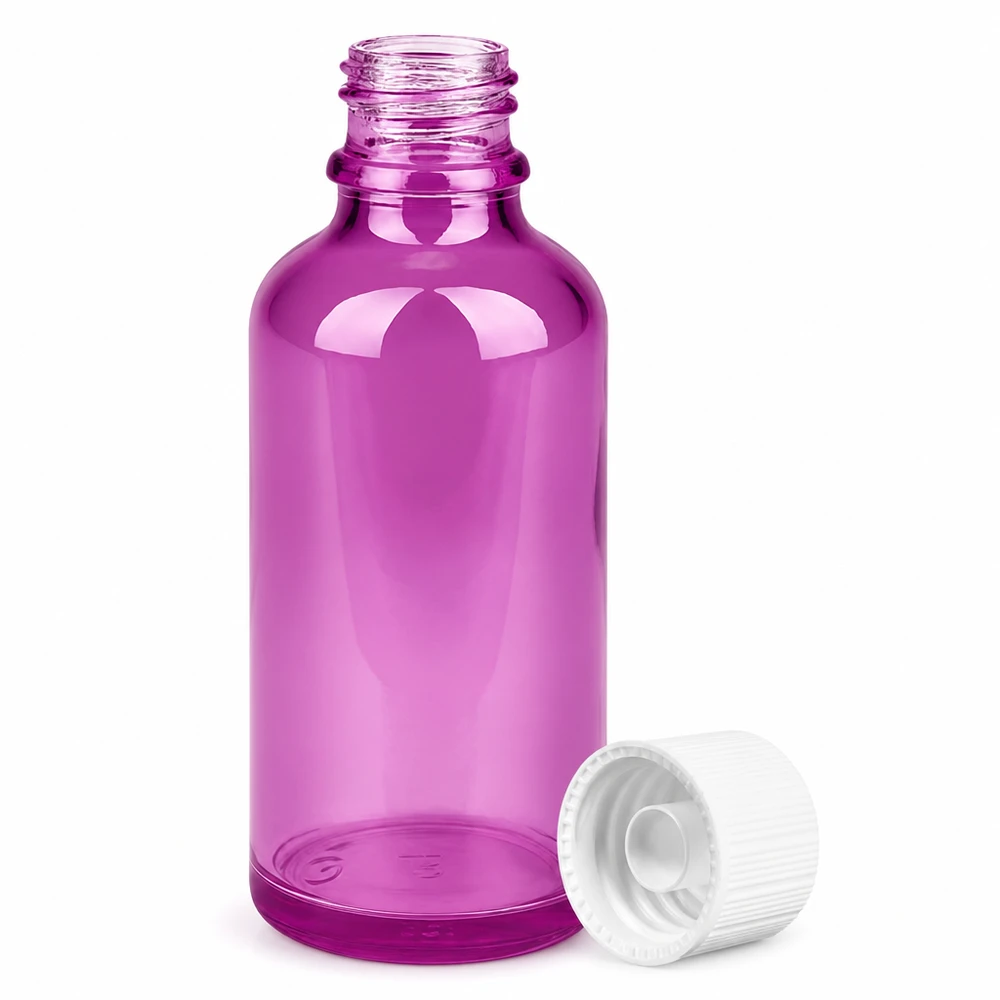 Pequeño frasco cuentagotas de 50 ml de vidrio morado con abertura de 11 mm para aceites esenciales y sueros