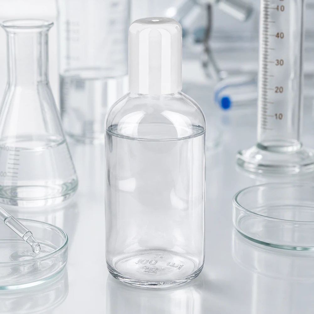 Frasco roll-on de 100 ml ClearLine UT18/100 en un entorno de laboratorio con cilindros graduados y matraces Erlenmeyer