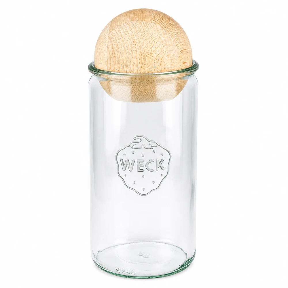 Tarro cilíndrico WECK 1590ml RR100 con bola de madera de haya como cierre sostenible para el almacenamiento