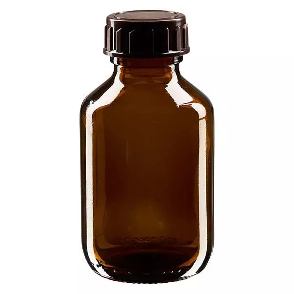 Frasco medicamento 100ml marrón, con tapón marrón ApoGlas Frasco medicamento 100ml marrón, con tapón marrón ApoGlas