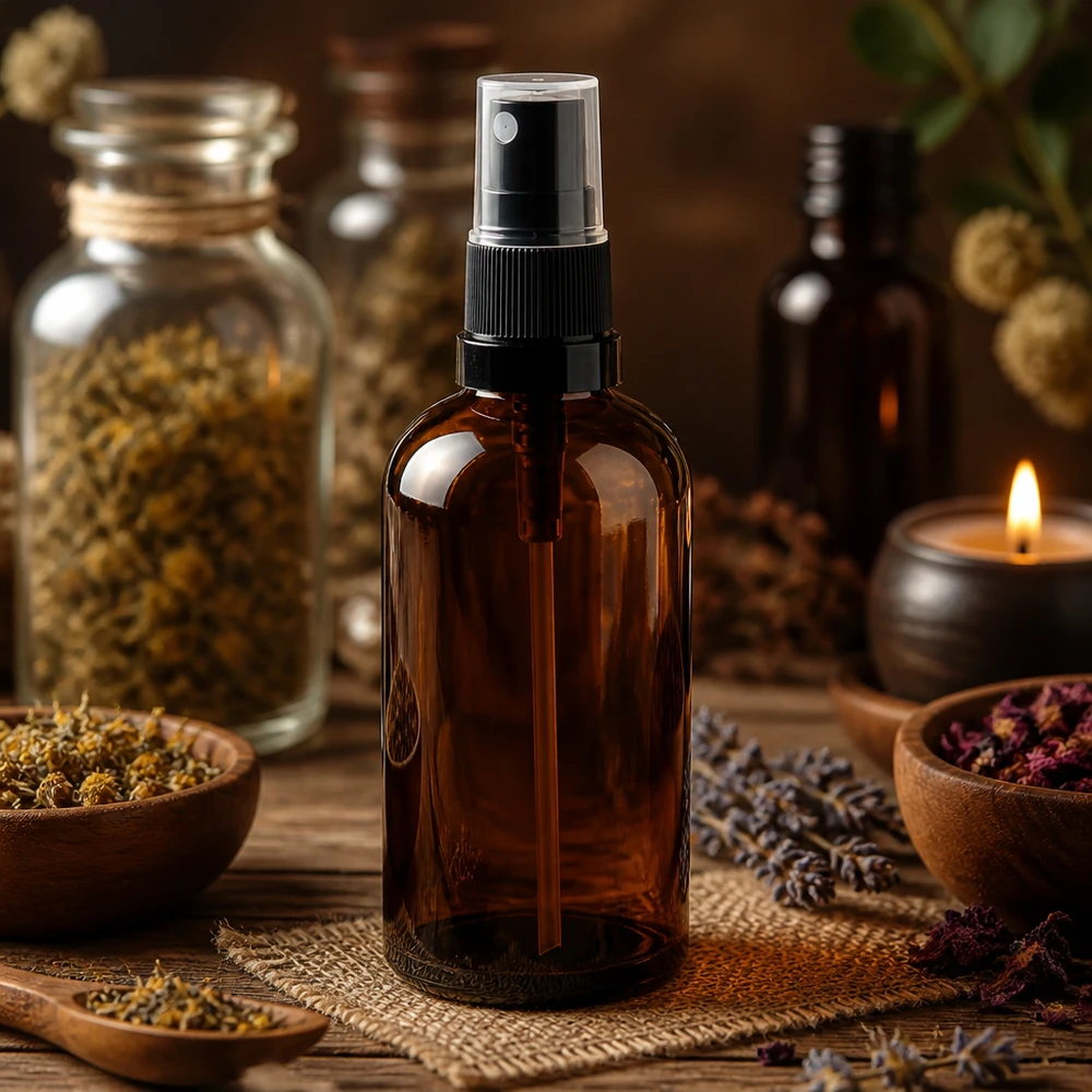 Frasco pulverizador de 100 ml de alta calidad fabricado en vidrio marrón con protección UV para el cuidado natural de la piel
