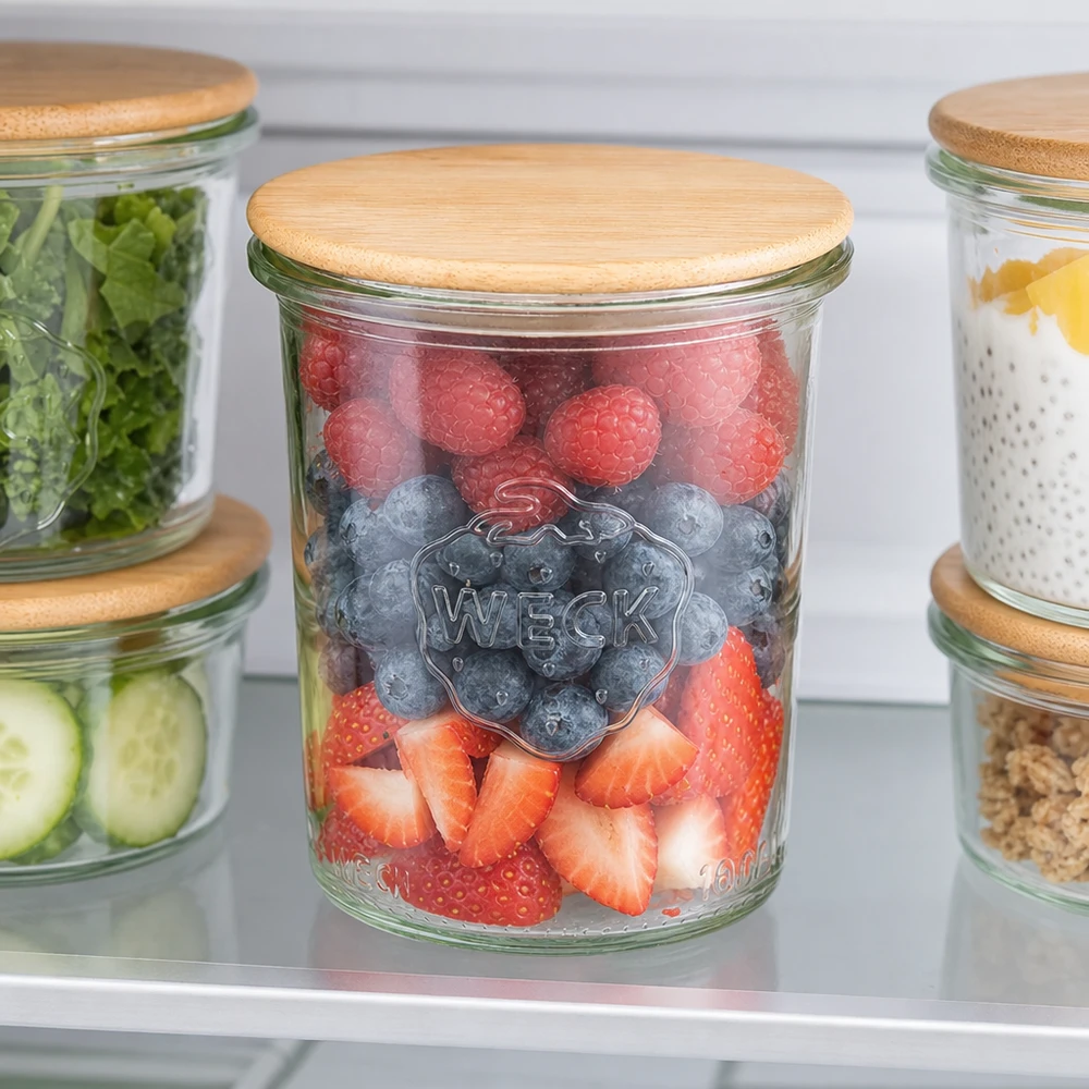 Vasos WECK RR60 de 160 ml con tapa de madera WECK 160ml RR60 tarro frigorífico fruta fresca organizada almacenamiento tapa bambú