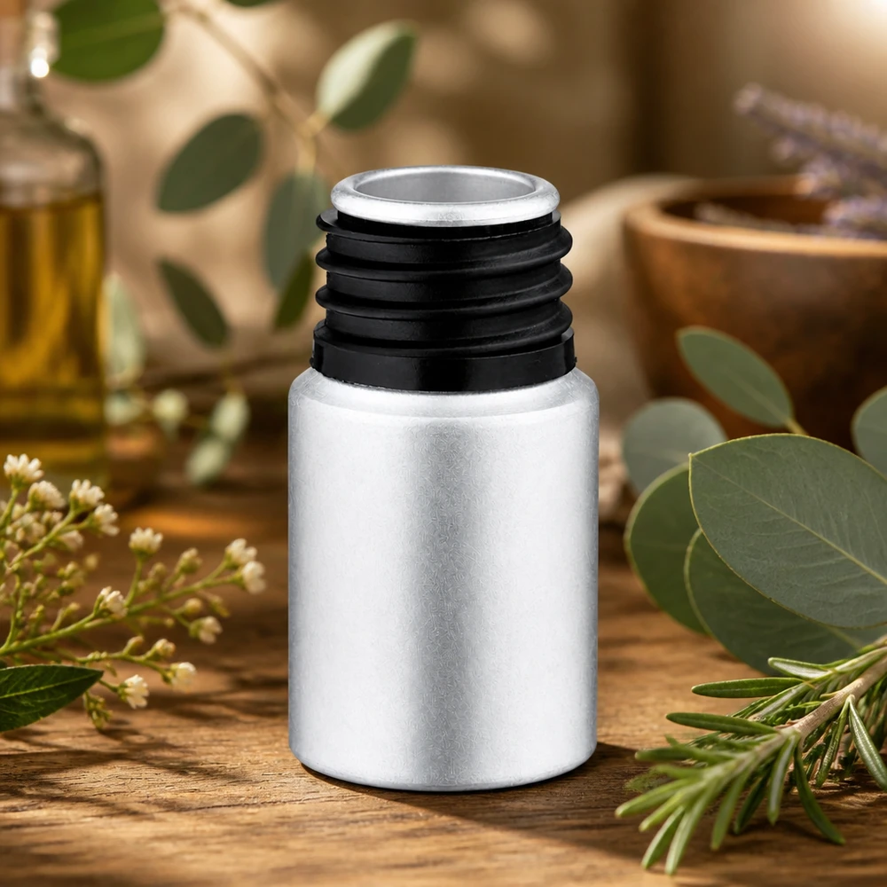 Pequeño frasco de aluminio de 10 ml en elegante color plateado para aceites y esencias de aromaterapia
