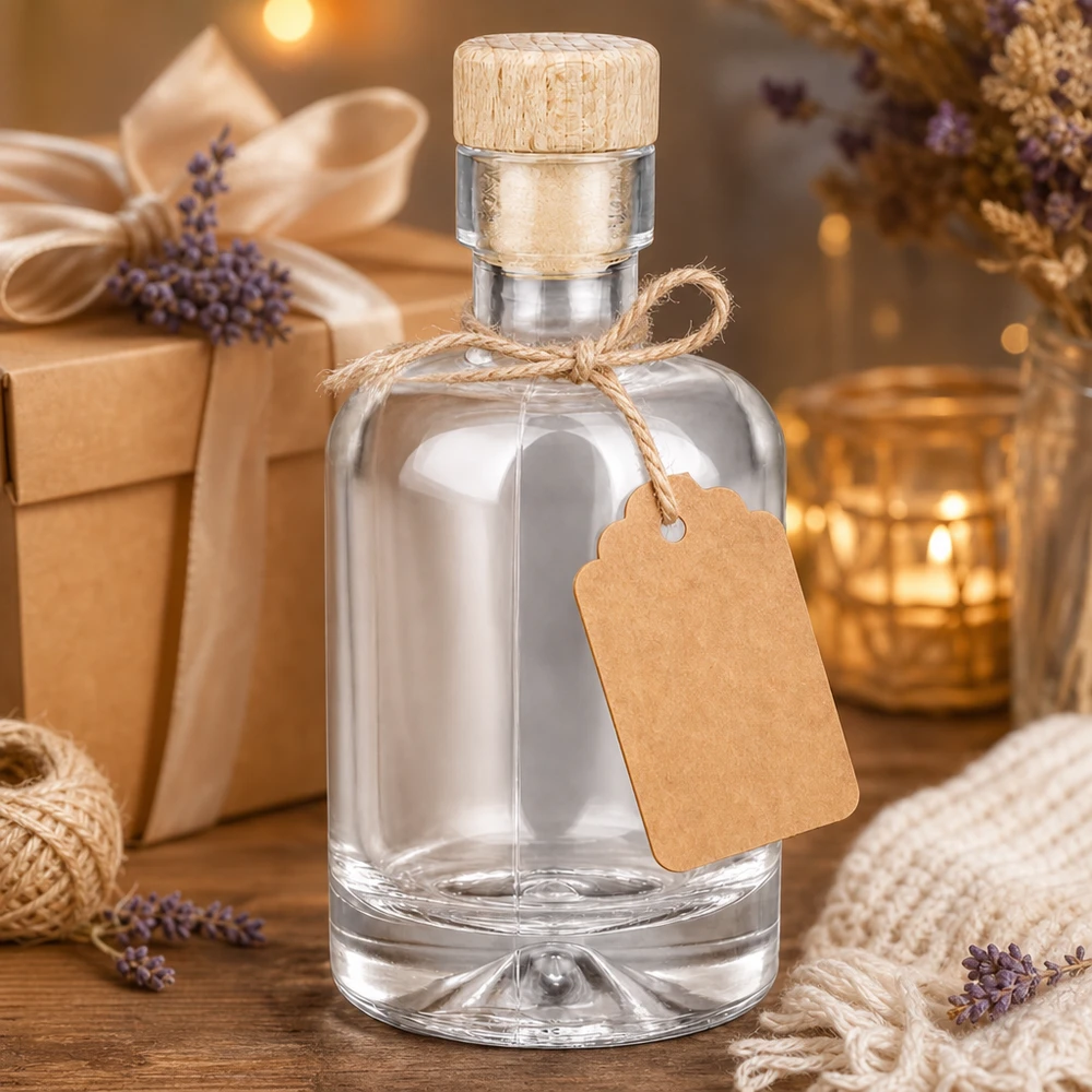 Botella de vidrio de 50 ml «Amelie» con tapón de corcho con asa de madera UNiTWIST Frasco de cristal de 50 ml Amelie como set de regalo decorado con colgante de papel kraft lavanda y cálida luz de velas