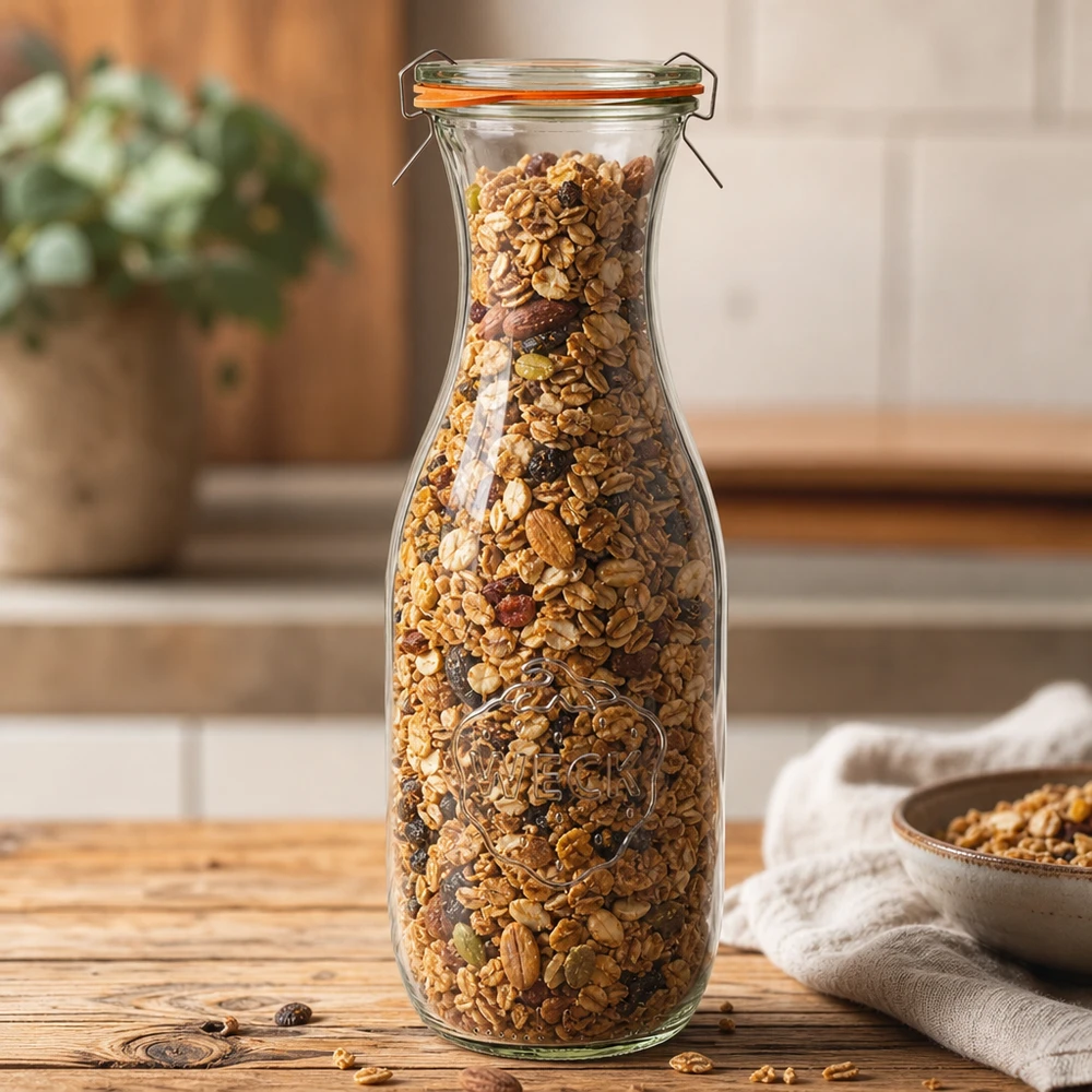 Botella para zumo de 1062 ml, juego completo WECK RR60 Botella de zumo WECK 1062ml RR60 rellena de nueces muesli presentada como tarro de almacenaje en un cálido ambiente de cocina