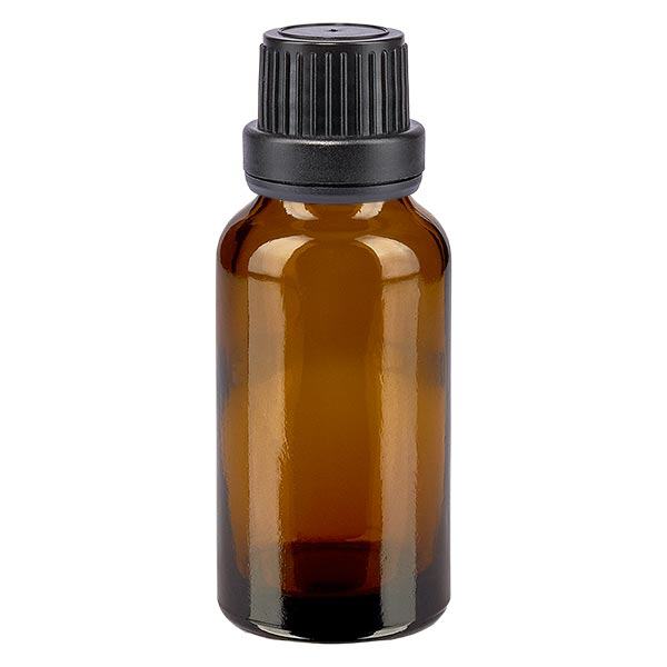 Botella de farmacia marrón 20ml tapón cuentagotas anillo vertedor 2mm cierre inviolable negro