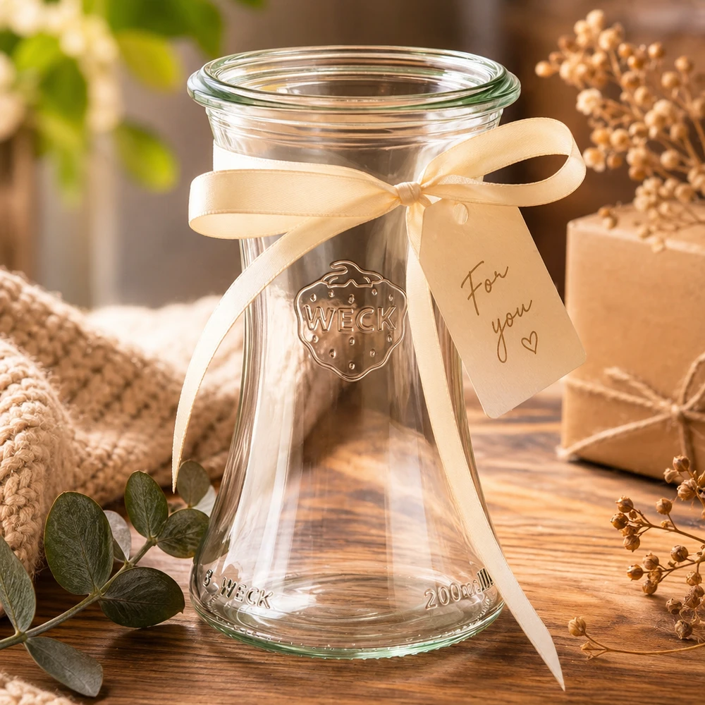 WECK RR60 tarro delicatessen 200ml con lazo color crema y etiqueta de regalo como envase de regalo en madera