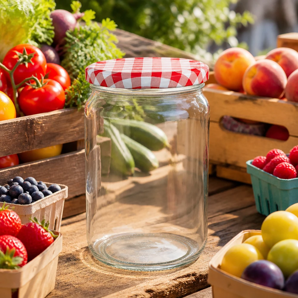 Tarro redondo 795ml con tapa BasicSeal rojo/blanco UNiTWIST Tarro redondo de 795 ml con tapa a cuadros rojos y blancos entre frutas y verduras frescas sobre una mesa de madera en el jardín