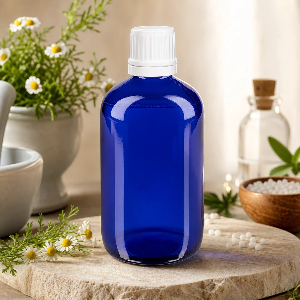 Botella de farmacia azul 100ml tapón de rosca blanco cierre inviolable Botella de cristal azul de 100 ml con tapón OV blanco sobre una piedra natural, junto a flores de manzanilla y glóbulos homeopáticos