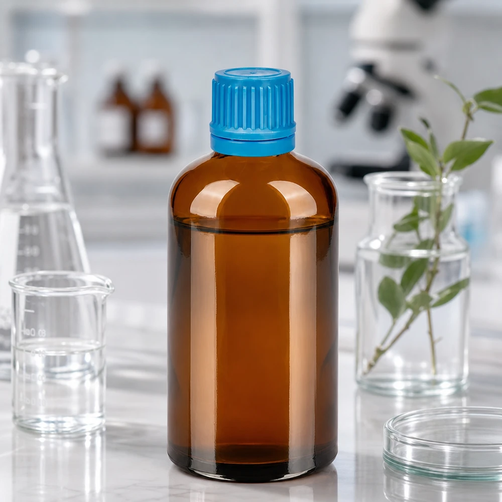Frasco de vidrio de alta calidad de 100 ml en marrón con tapón azul a prueba de manipulaciones para uso farmacéutico