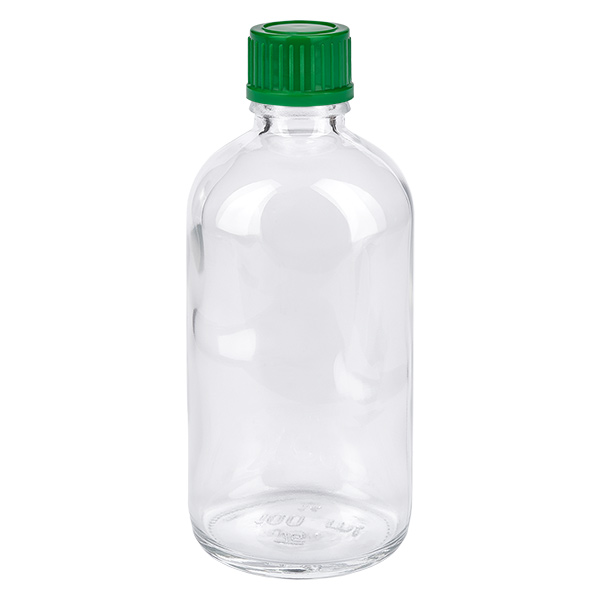Botella de 100 ml con tapón de rosca de 11 mm verde ClearLine estándar UT18/100 Botella de cristal transparente de 100 ml con tapón de rosca verde de 11 mm ClearLine UT18/100