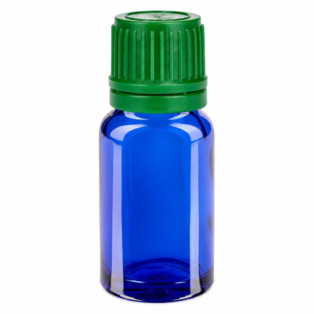 Frasco de 10 ml con tapón de rosca de 11 mm y precinto de seguridad verde BlueLine UT18/10 Frasco de vidrio azul de 10 ml con tapón de rosca verde para aceites esenciales y cosméticos