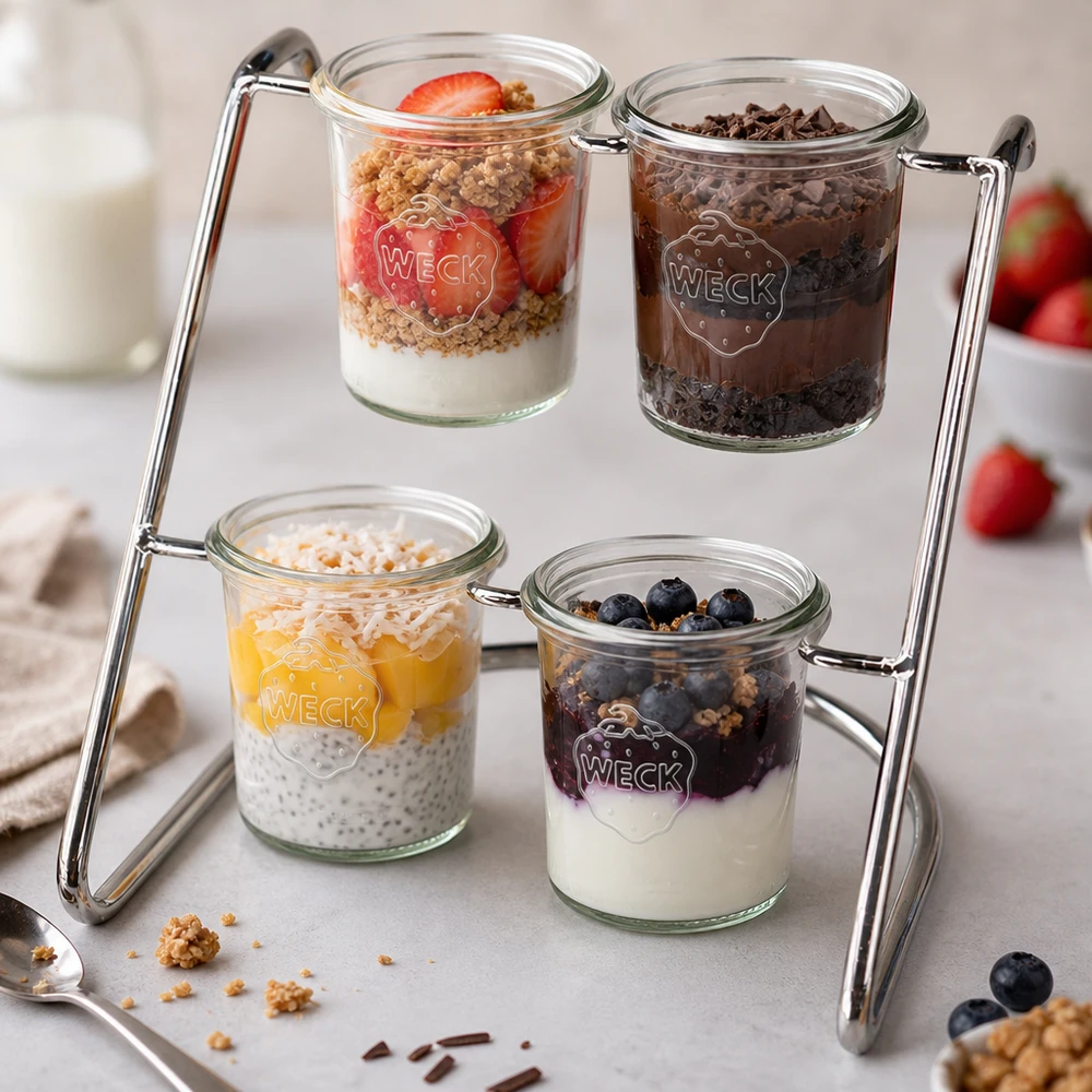 Bandeja Flato4 con coloridos postres en tarros WECK: yogur, bayas y granola presentados de forma apetitosa