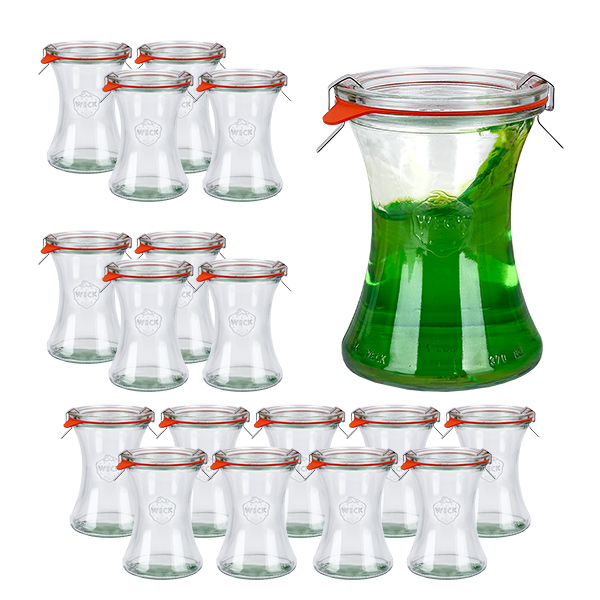 Juego de 18 tarros Weck 370ml tarro delicatessen con 18 tapas de cristal Juego de 18 tarros Weck 370ml tarro delicatessen con 18 tapas de cristal