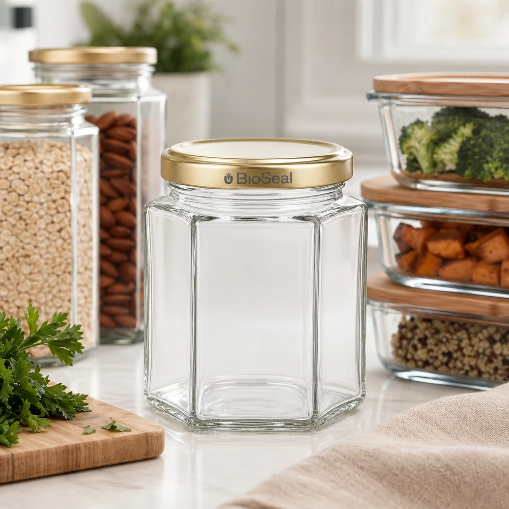 250g tarro de miel hexagonal vacío BioSeal tapa de oro cocina moderna con tarros de almacenamiento frutos secos verduras hierbas