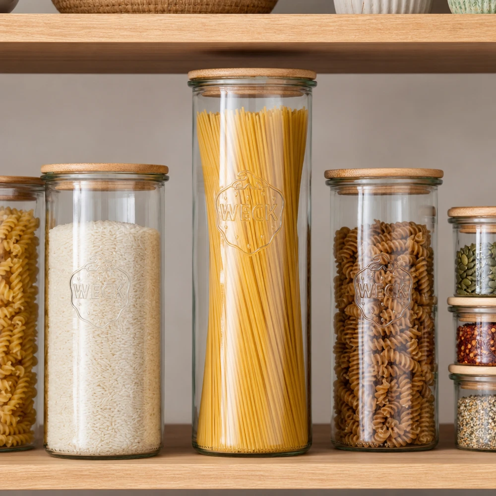 WECK tarro de almacenaje 1500ml RR100 con tapa de madera para espaguetis arroz fideos perfecto organización cocina despensa